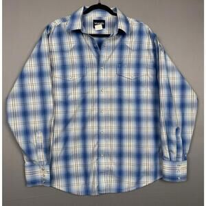 Vintage Wrangler Pearl Snap Shirt Mens XL White Blue Plaid Retro Cowboy Western